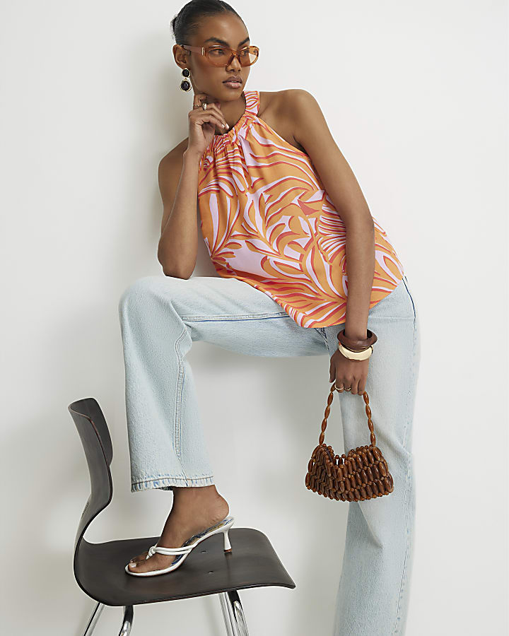 Orange Printed Halter Top