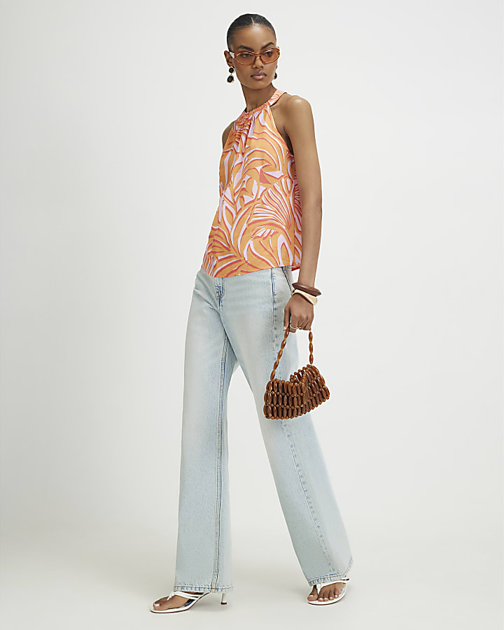 Orange Printed Halter Top