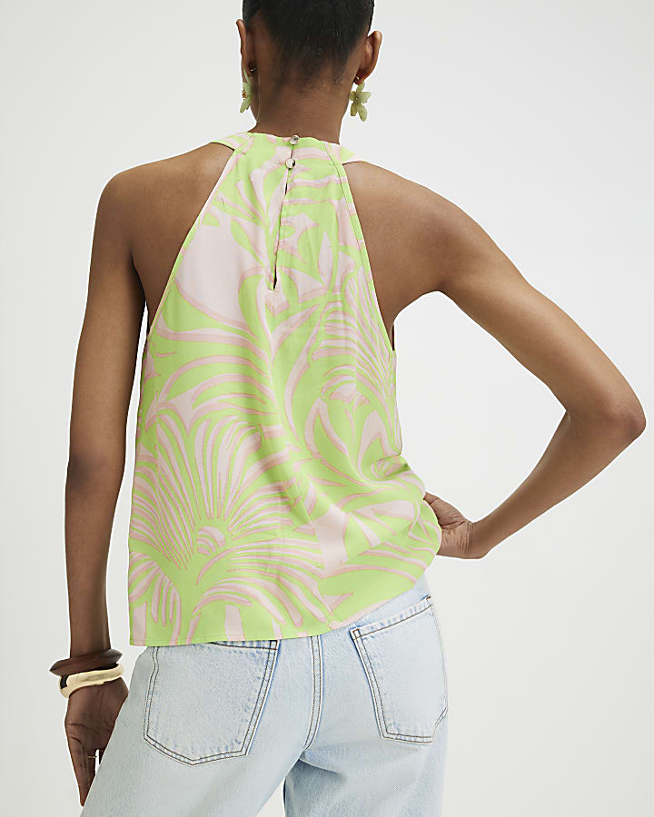Green Printed Halter Neck Top