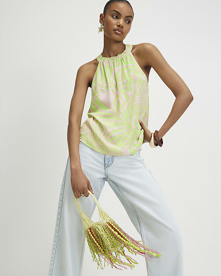 Green Printed Halter Neck Top