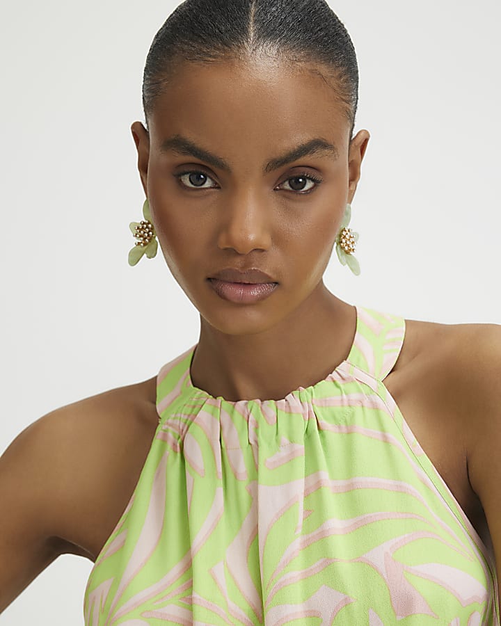 Green Printed Halter Neck Top
