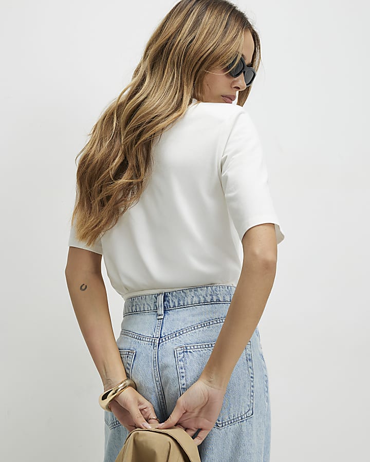 White Short Sleeve Shoulder Pad Bodysuit