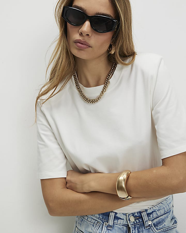 White Short Sleeve Shoulder Pad Bodysuit