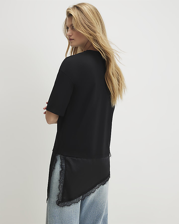 Black Cotton Lace Hem Asymmetric T-Shirt