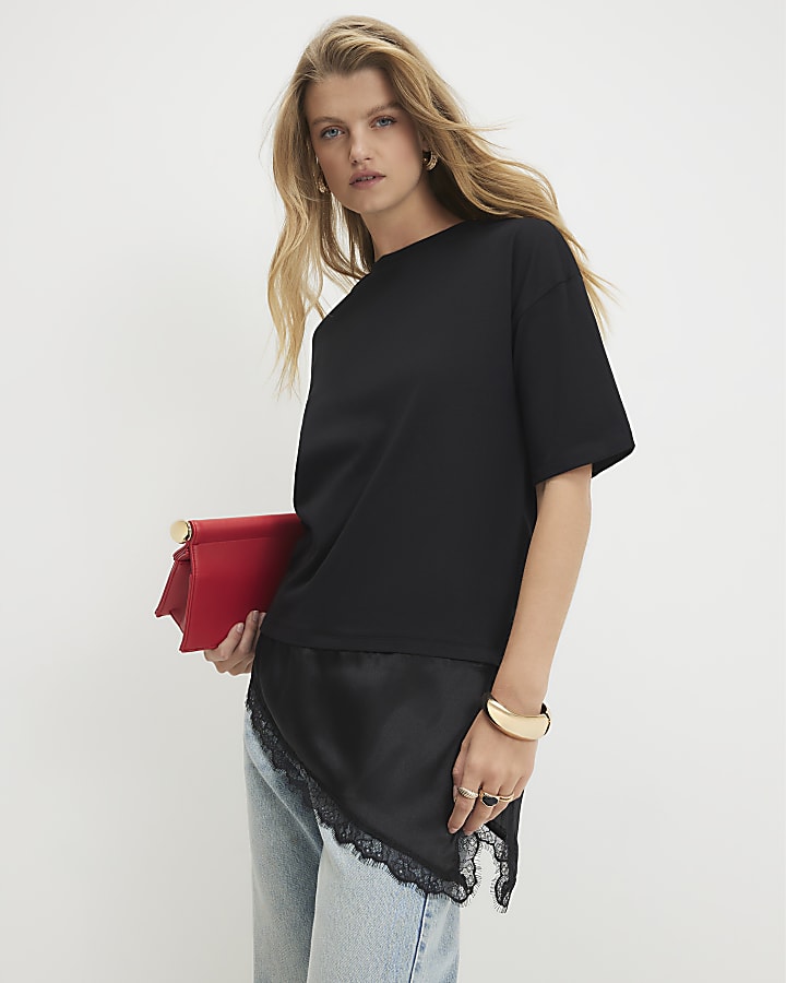 Black Cotton Lace Hem Asymmetric T-Shirt