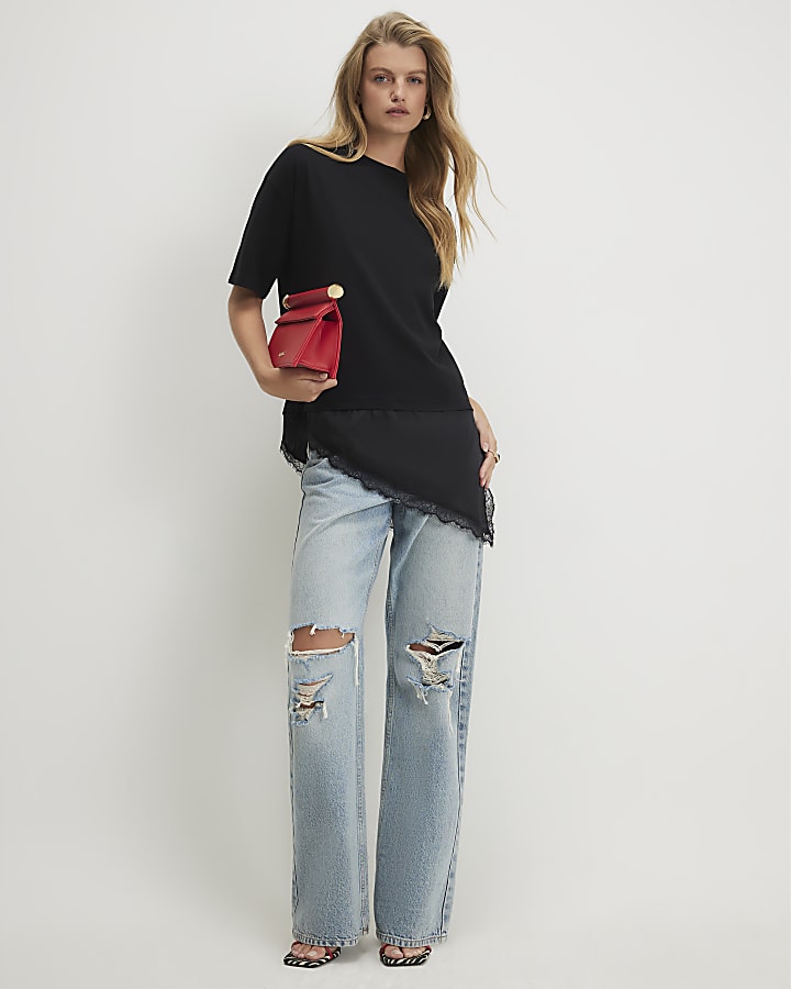 Black Cotton Lace Hem Asymmetric T-Shirt