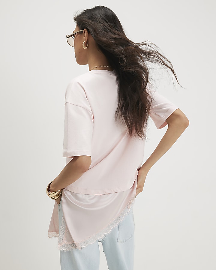 Pink Cotton Lace Hem Asymmetric T-shirt