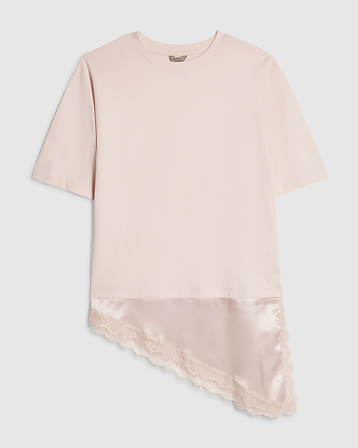 Pink Cotton Lace Hem Asymmetric T-shirt