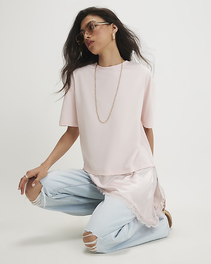 Pink Cotton Lace Hem Asymmetric T-shirt
