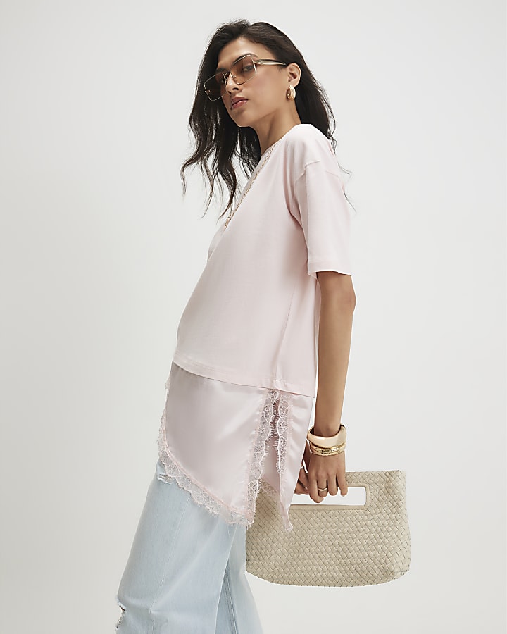 Pink Cotton Lace Hem Asymmetric T-shirt