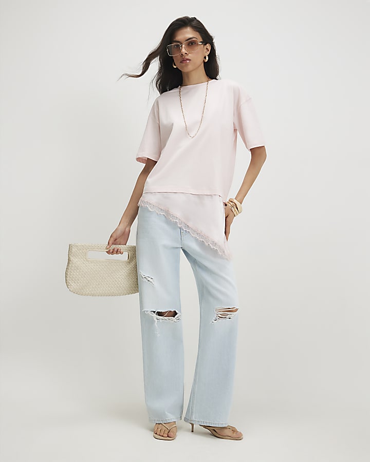 Pink Cotton Lace Hem Asymmetric T-shirt