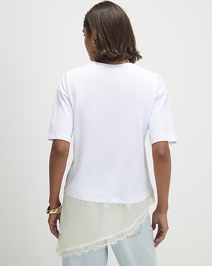 White Cotton Lace Hem Asymmetric T-Shirt