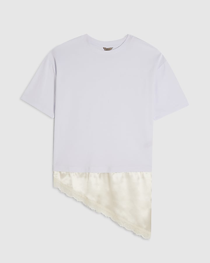 White Cotton Lace Hem Asymmetric T-Shirt