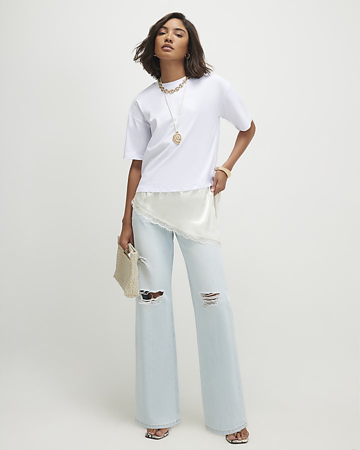 White Cotton Lace Hem Asymmetric T-Shirt