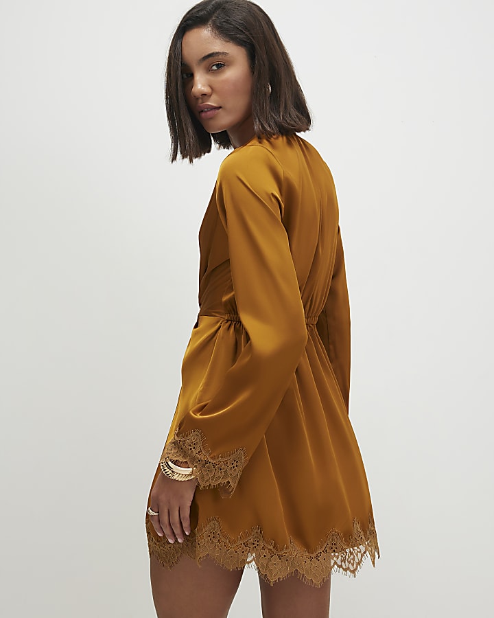 Brown Satin Knot Front Lace Mini Dress