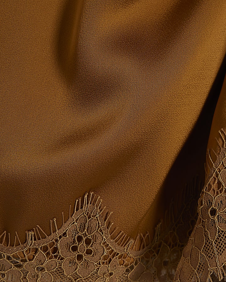 Brown Satin Knot Front Lace Mini Dress