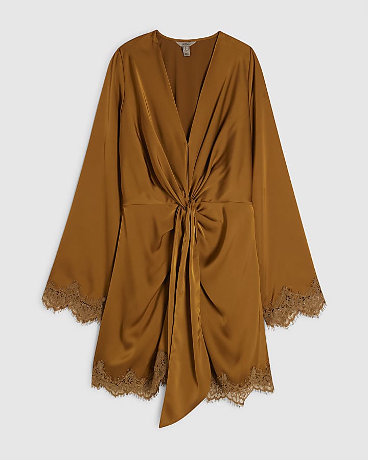 Brown Satin Knot Front Lace Mini Dress