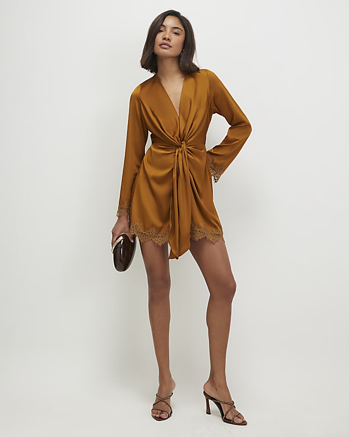 Brown Satin Knot Front Lace Mini Dress