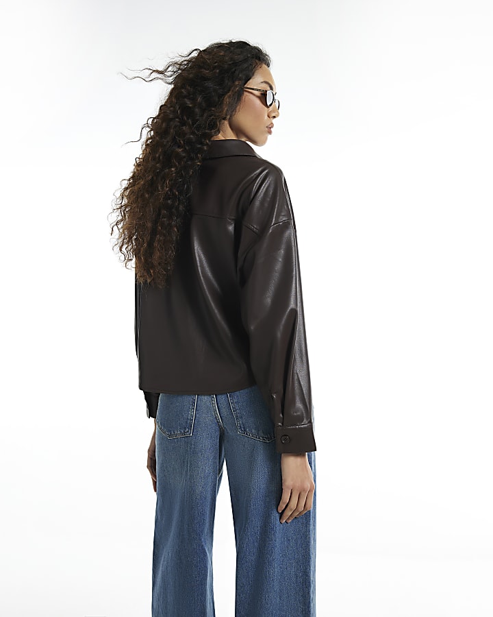 Brown Faux Leather Twist Front Shirt
