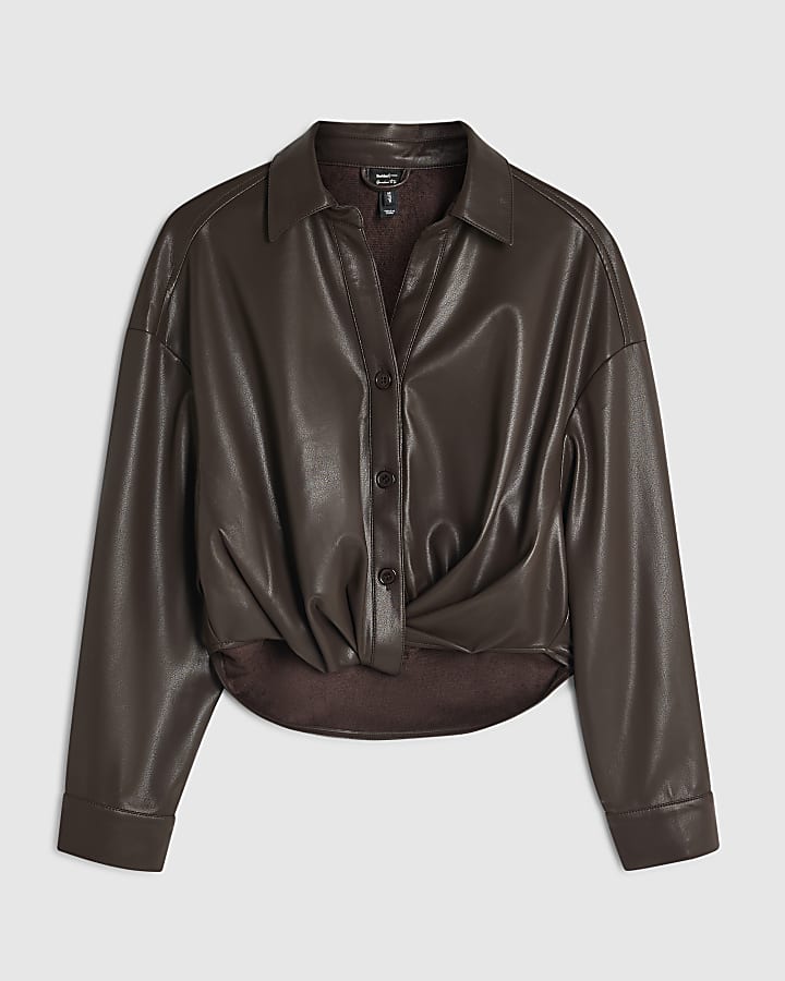 Brown Faux Leather Twist Front Shirt