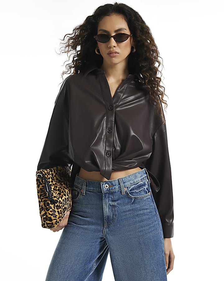 Brown Faux Leather Twist Front Shirt