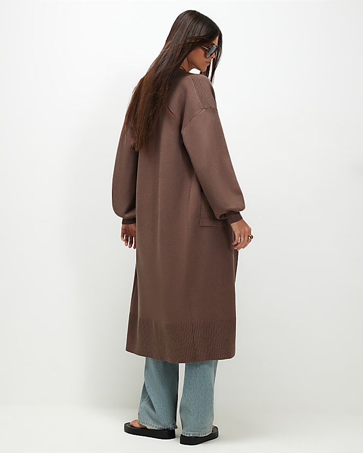 Beige Knitted Ribbed Maxi Cardigan