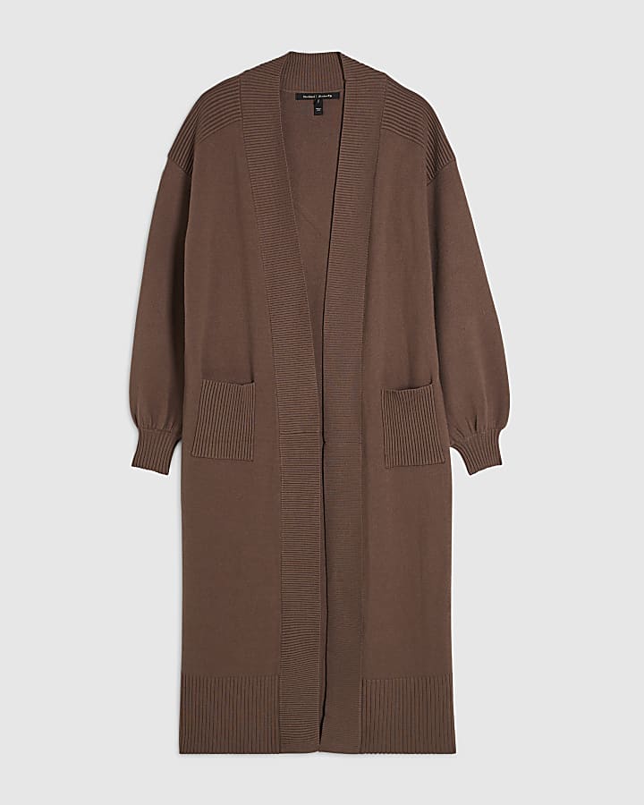 Beige Knitted Ribbed Maxi Cardigan
