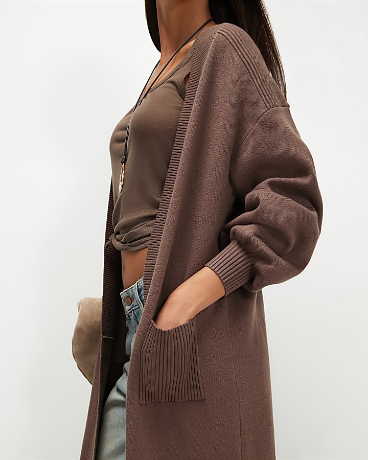 Beige Knitted Ribbed Maxi Cardigan