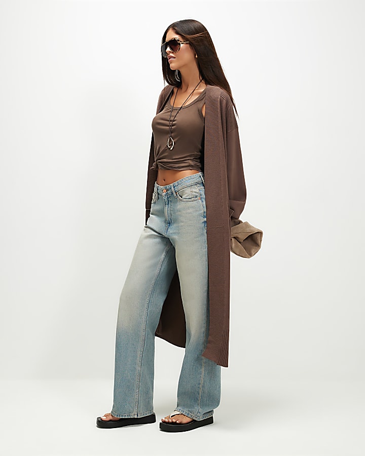Beige Knitted Ribbed Maxi Cardigan