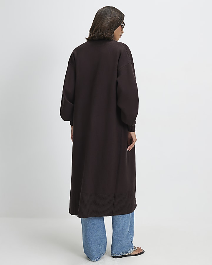Brown Cotton Mixed Rib Knit Maxi Cardigan