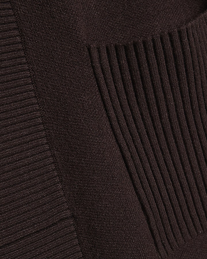 Brown Cotton Mixed Rib Knit Maxi Cardigan