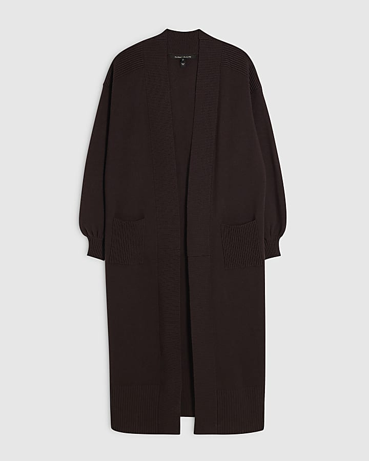 Brown Cotton Mixed Rib Knit Maxi Cardigan