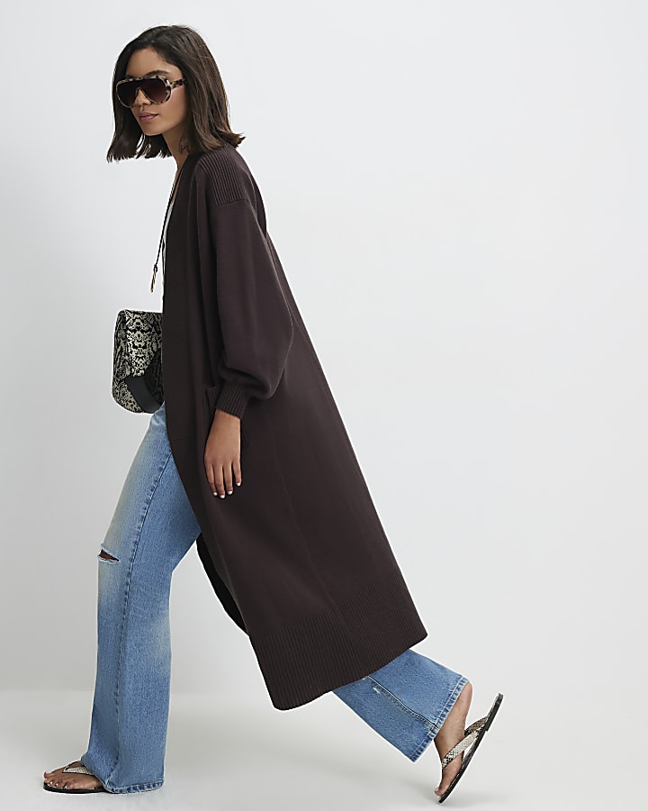 Brown Cotton Mixed Rib Knit Maxi Cardigan