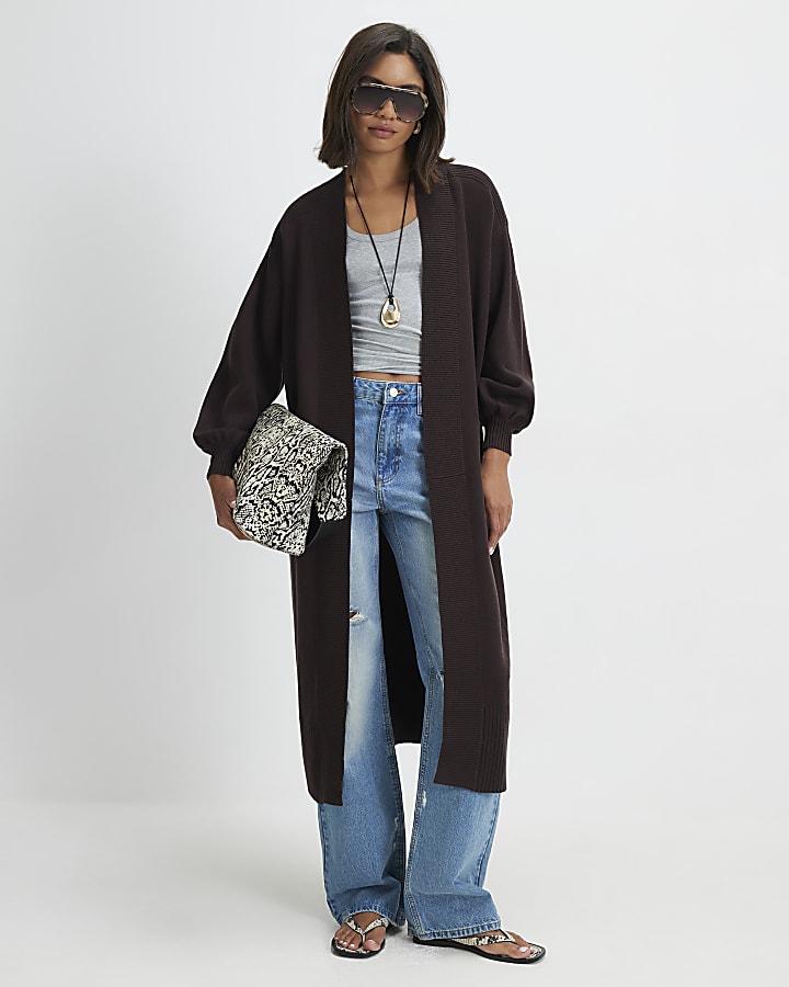 Brown Cotton Mixed Rib Knit Maxi Cardigan