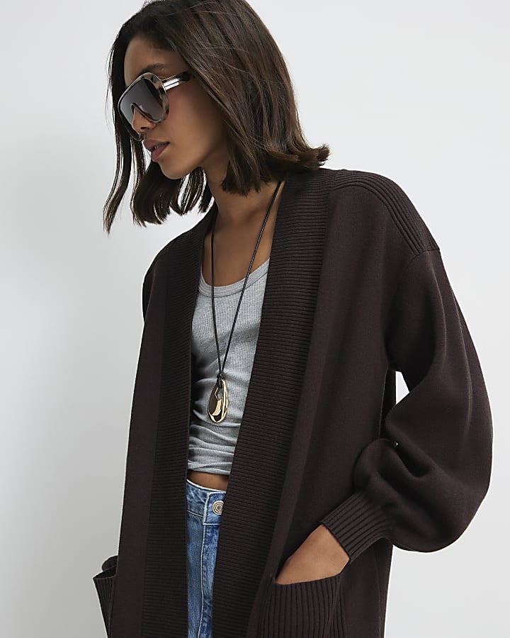 Brown Cotton Mixed Rib Knit Maxi Cardigan