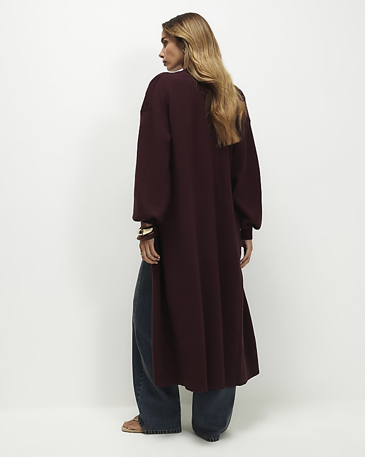 Red Knitted Ribbed Maxi Cardigan