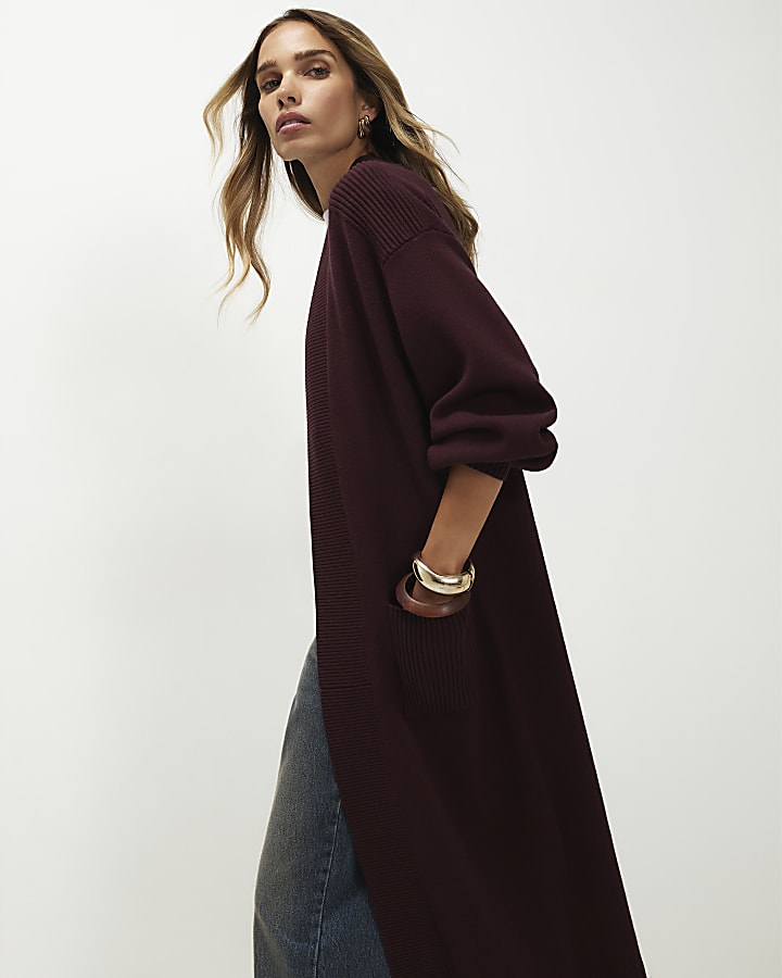 Red Knitted Ribbed Maxi Cardigan