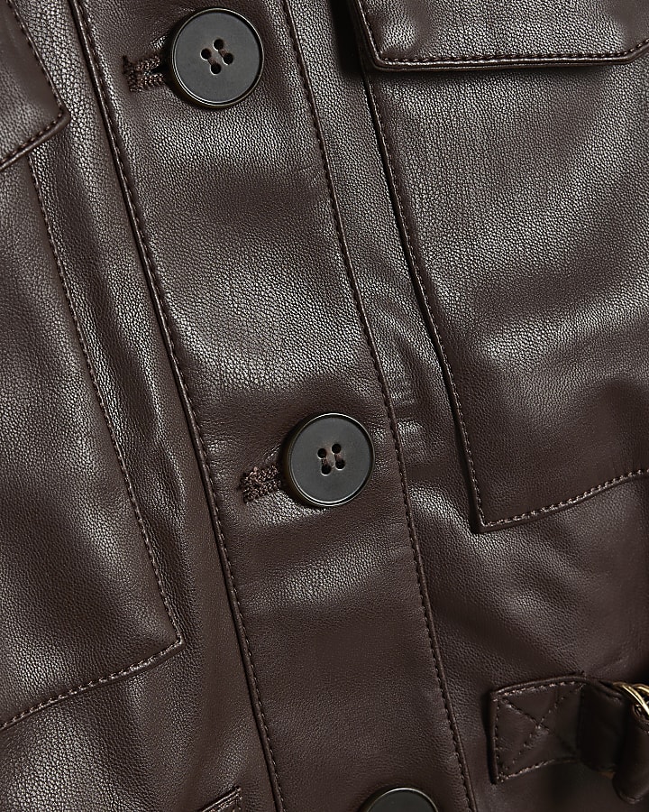 Brown Faux Leather Utility Pocket Belted Top