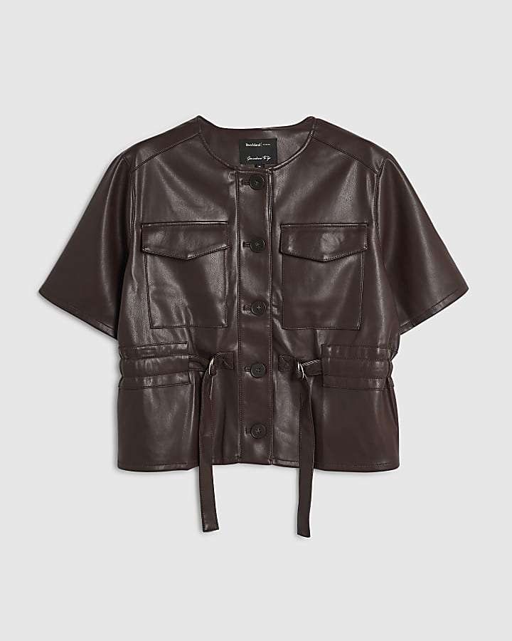 Brown Faux Leather Utility Pocket Belted Top