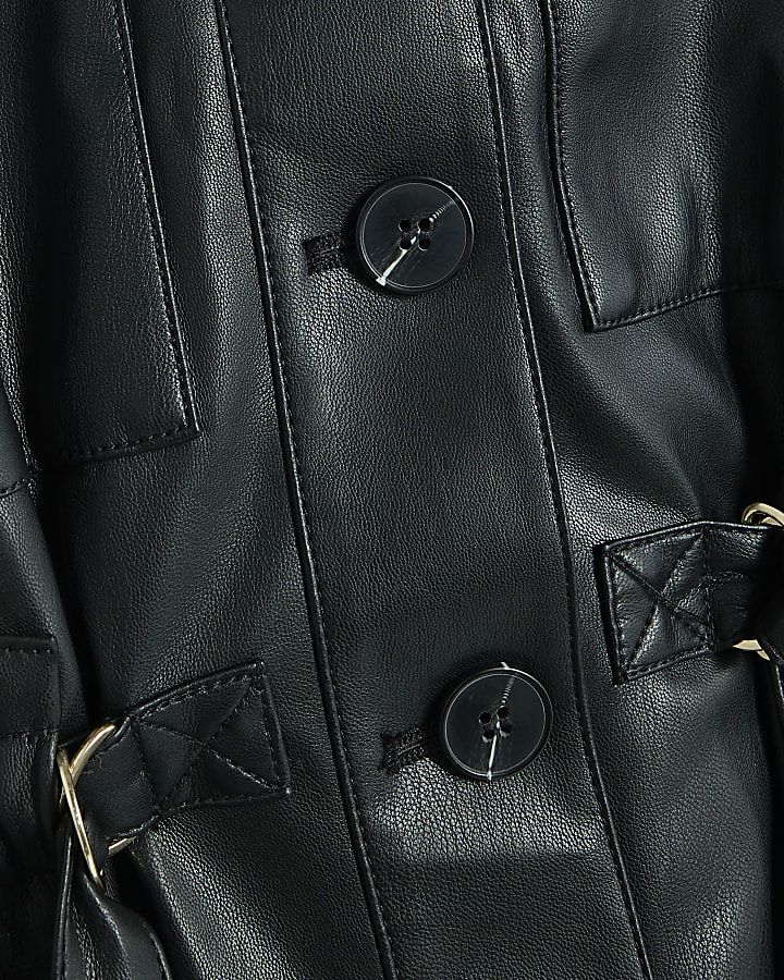 Black Faux Leather Utility Pocket Belted Top