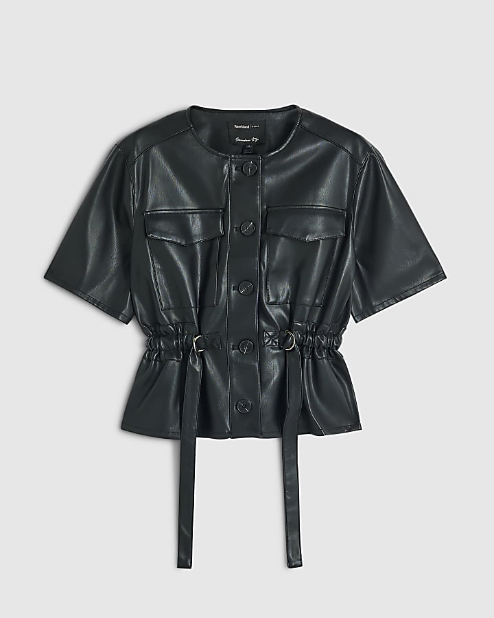 Black Faux Leather Utility Pocket Belted Top