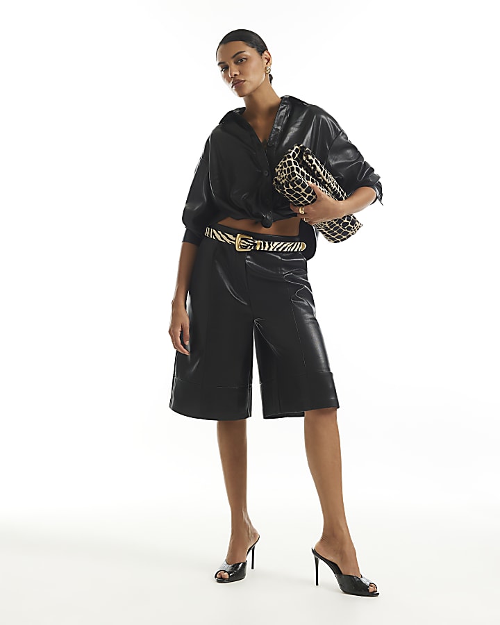 Black Faux Leather Twist Front Shirt