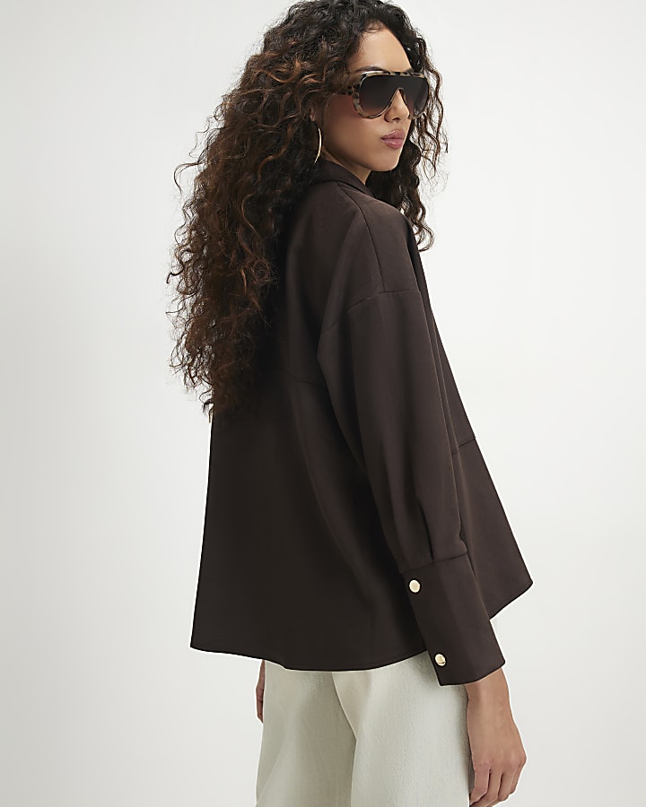Brown Faux Suede Long Sleeve Overshirt