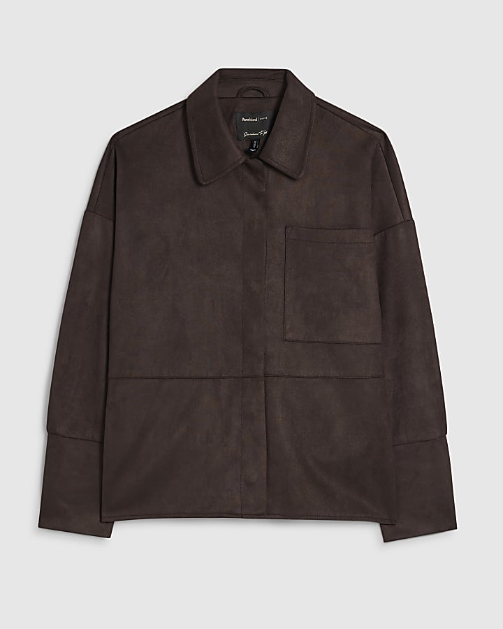 Brown Faux Suede Long Sleeve Overshirt
