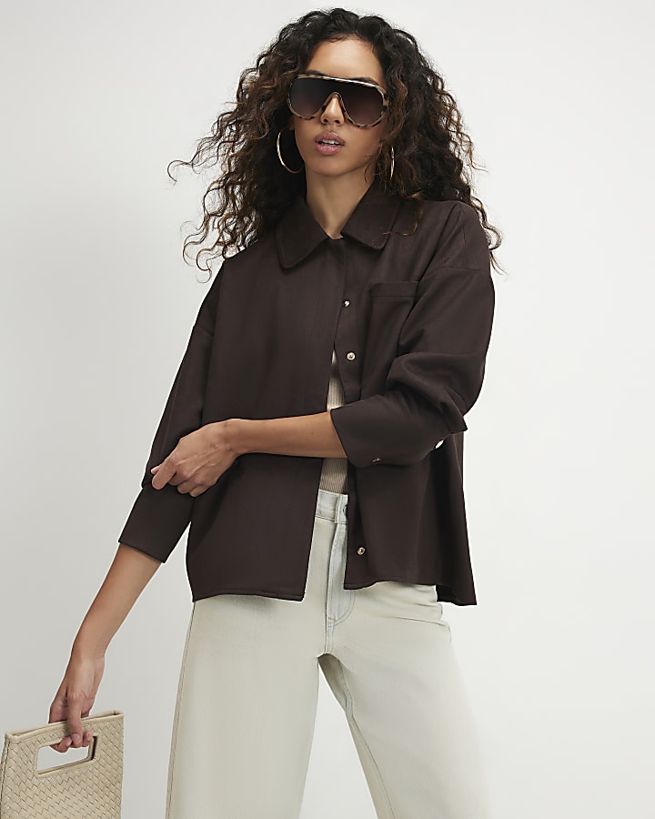 Brown Faux Suede Long Sleeve Overshirt
