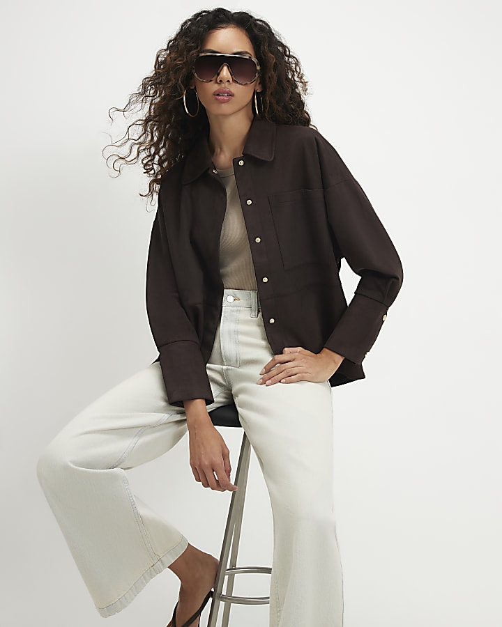 Brown Faux Suede Long Sleeve Overshirt