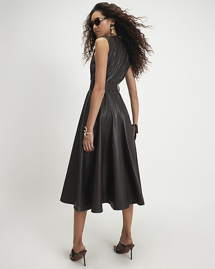 Brown Faux Leather Belted Midi Dress