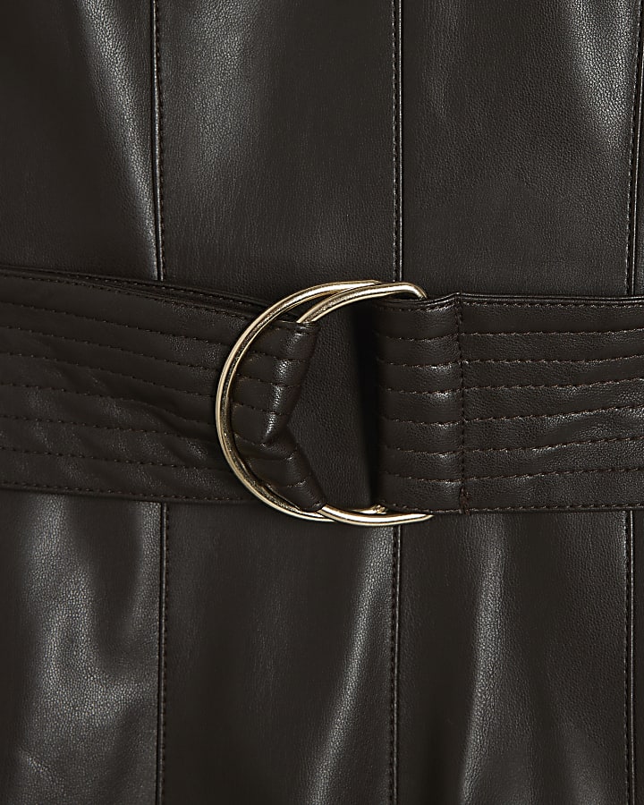 Brown Faux Leather Belted Midi Dress