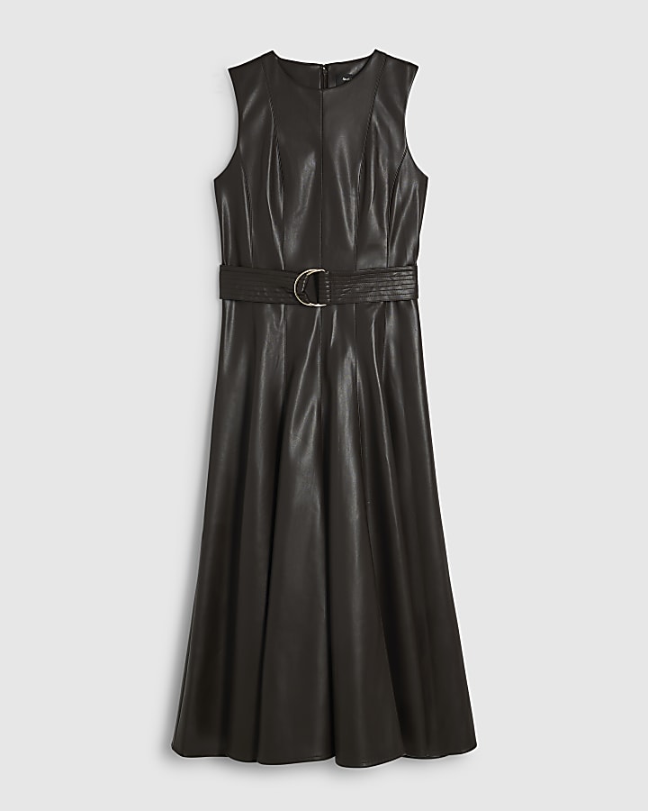 Brown Faux Leather Belted Midi Dress