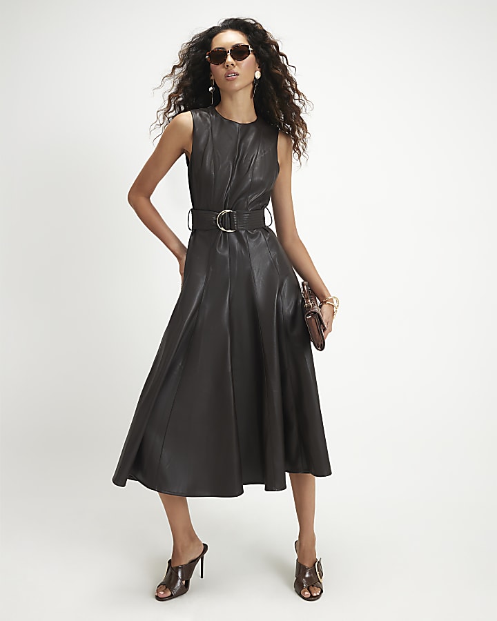 Brown Faux Leather Belted Midi Dress
